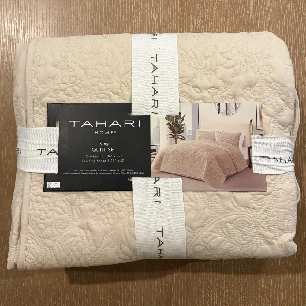 Tahari Home King Quilt Set 3 Piece Cream Floral Embroidered Coverlet 106x92